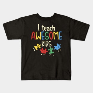 I Teach Awesome Kids Shirt Autism Awareness Puzzle Teacher Kids T-Shirt